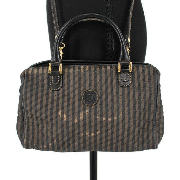 Fendi Brown Black Striped Canvas Leather Handbag Crossbody Dust Bag Included FF - Picture 2 of 9
